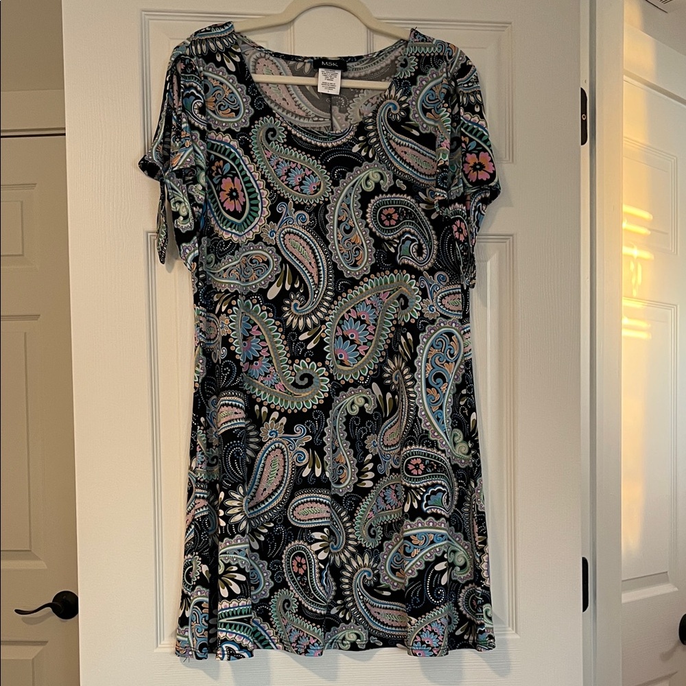 MSK Black Paisley Print Short Sleeve dress with Pastel Accents